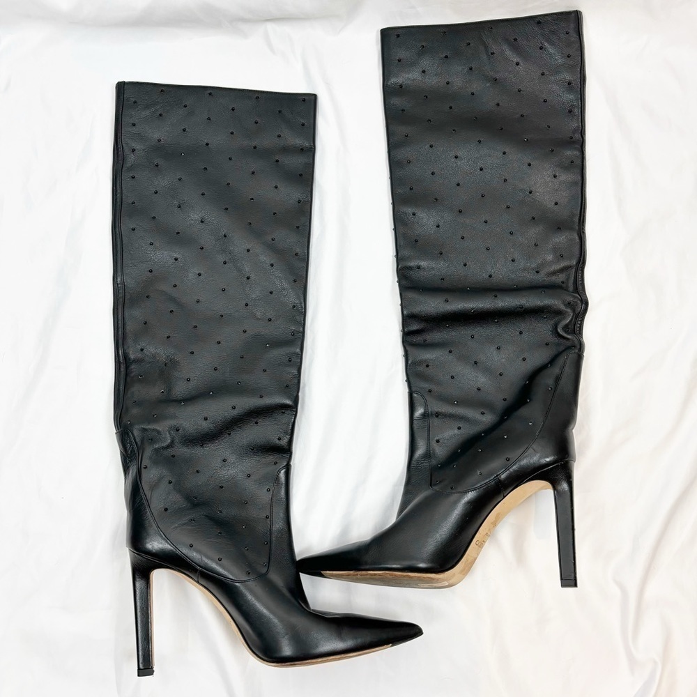 Jimmy Choo Mavis Crystal Tall Knee High Heeled Boots Black EU 40